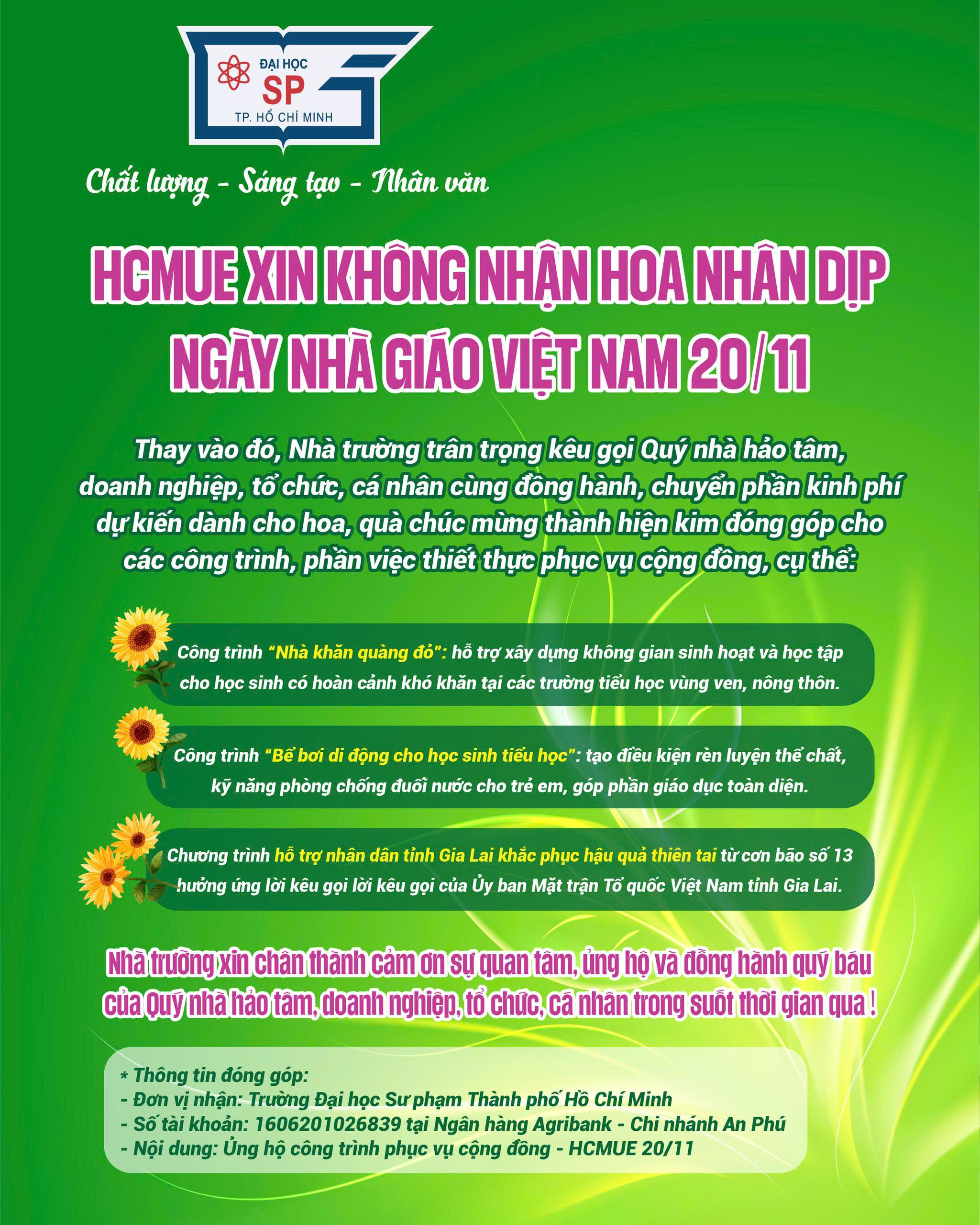  HCMUE XIN KHÔNG NHẬN HOA CHÚC MỪNG 20/11 - CÙNG HƯỚNG VỀ NHỮNG CÔNG TRÌNH CỘNG ĐỒNG Ý NGHĨA